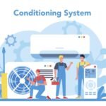 Air conditioning repair and instalation service concept. Repairman installing, examining and repairing conditioner with special tools and equipment. Isolated vector illustration