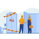 Workers in overalls standing near closed broken elevator. Repairmen, engineers, technicians flat vector illustration. Public utility, service concept for banner, website design or landing web page