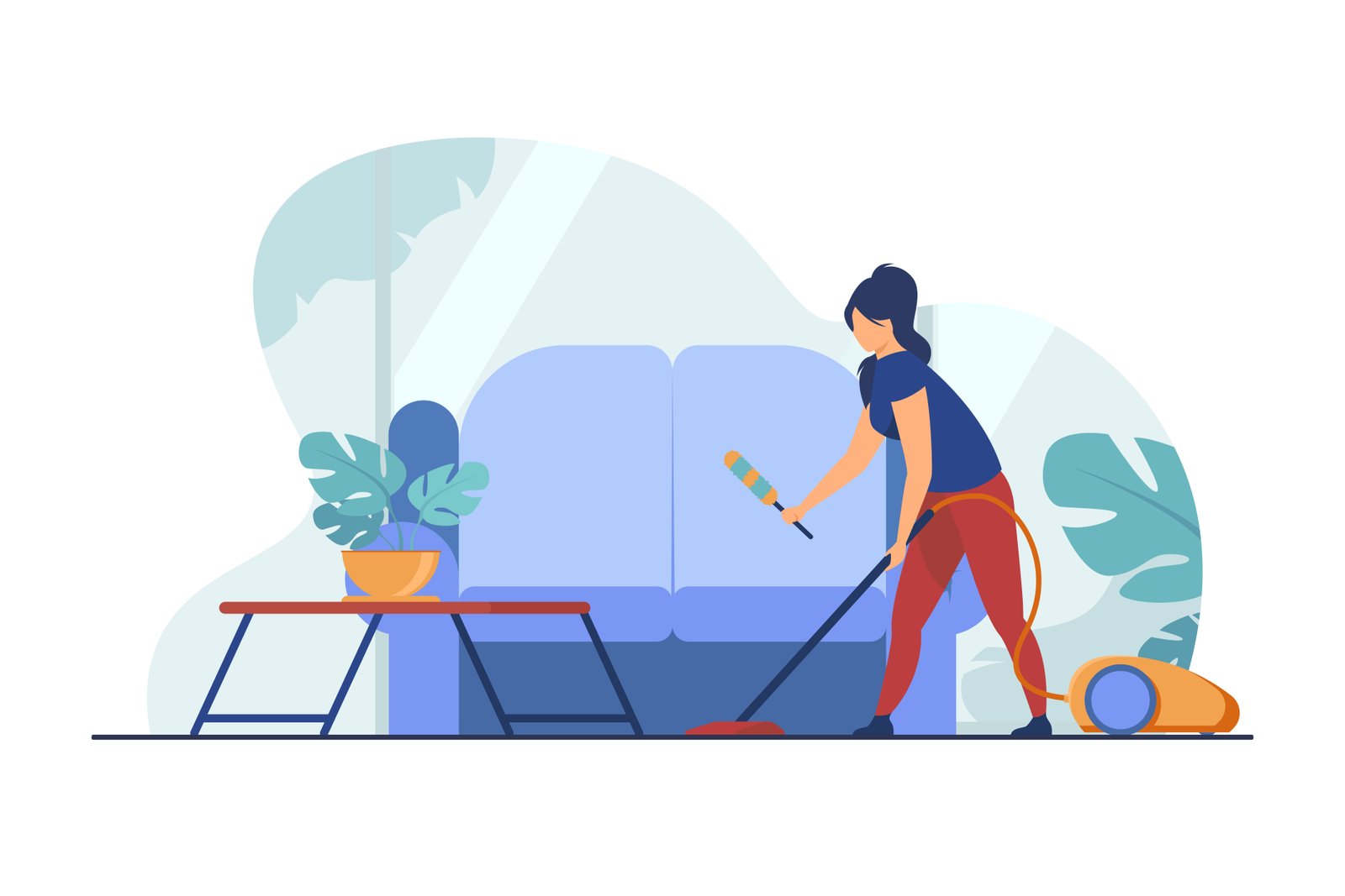 Housewife cleaning home with vacuum cleaner. Sofa, house, room flat vector illustration. Household and housekeeping concept for banner, website design or landing web page